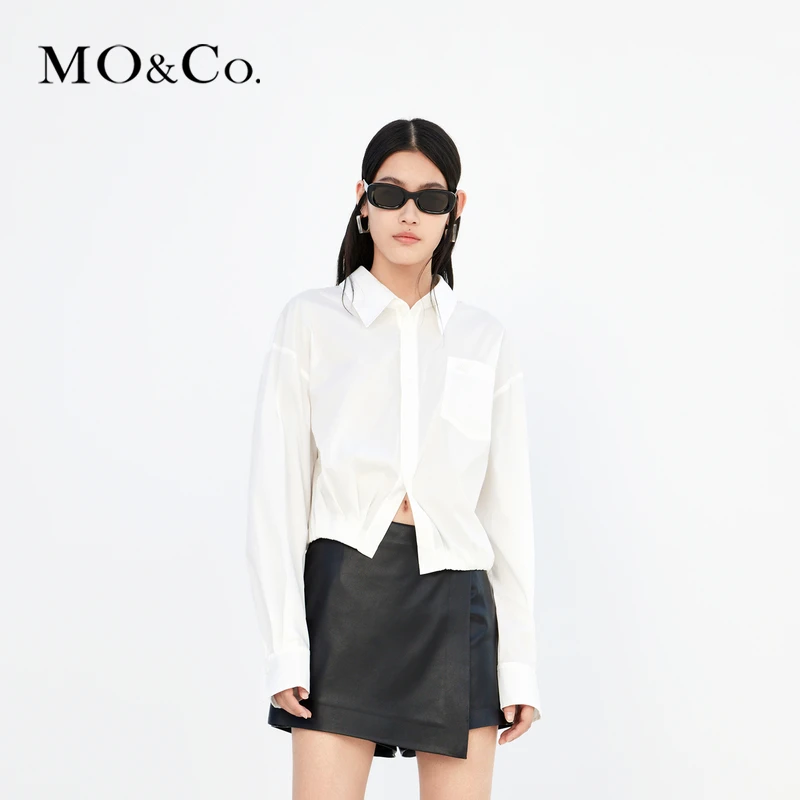 MOCO夏季解构立裁长袖短款纯色衬衣MC刺绣上衣设计感MBC2TOPT01