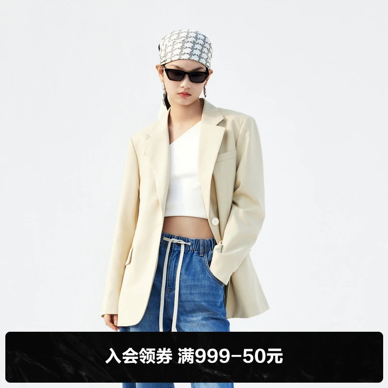 MOCO春季老花logo丝巾宽松宽肩西装外套休闲女时尚女装MBB1BLA014