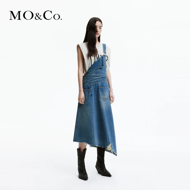 MOCO解构交叉高腰不规则牛仔背带裙连衣裙MBD1DRST15