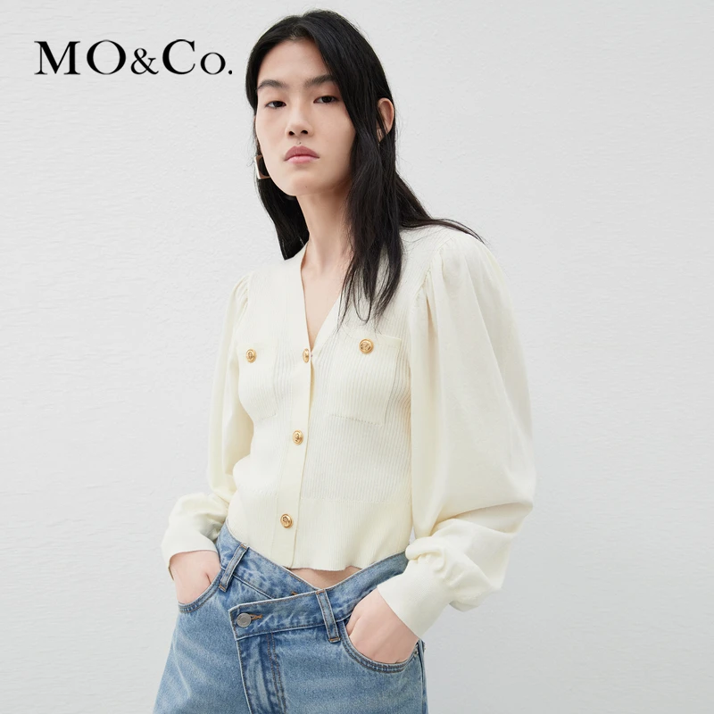 MOCO春季拼接泡泡袖V领短款针织衫开衫小香风MBC1CAR002