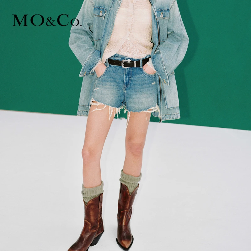 MOCO春手工猫须磨破拉须斜襟低腰棉质牛仔短裤MBD1SOT010