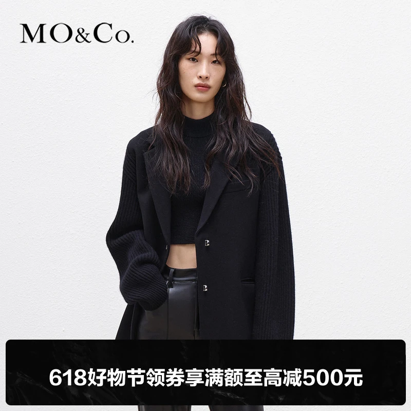 MOCO冬季解构拼接毛织西装式黑色时尚外套MBB4COT019