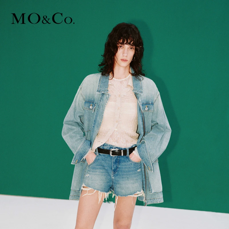 MOCO2024新品洗水做旧四口袋蓝色牛仔夹克外套附腰带MBD1JKTT21