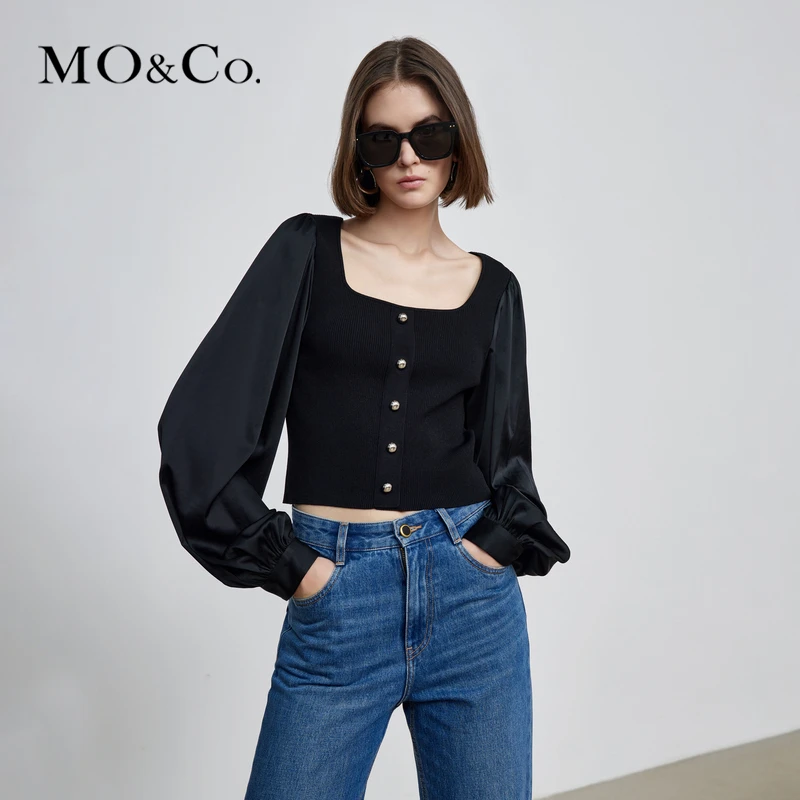 MOCO秋季泡泡袖拼接短款上衣针织衫MBB3TOP011