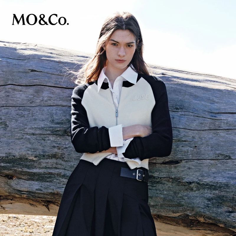 MOCO2024秋新品可机洗羊毛美式风撞色插肩袖针织开衫MBD3CART09