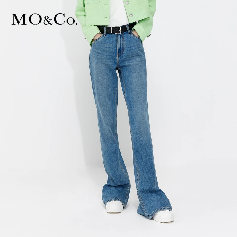 【含桑蚕丝】MOCO夏后开叉高腰直筒丝绵牛仔裤风感波粒MBC2JEN004