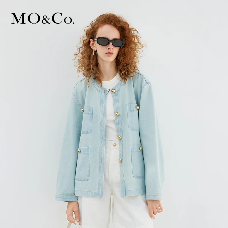 MOCO春季小香风金属扣宽松牛仔夹克外套慵懒MBD1JKTT20