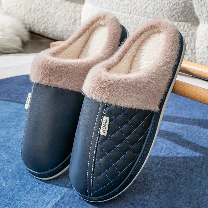 皮面棉拖鞋男士秋冬季2024新款室内家居情侣厚底防滑防水棉拖女款