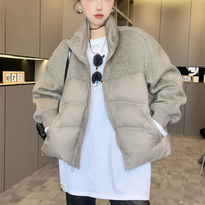 【小沫家】韩版毛呢拼接棉服外套女2025冬季新款加厚保暖小个子上衣