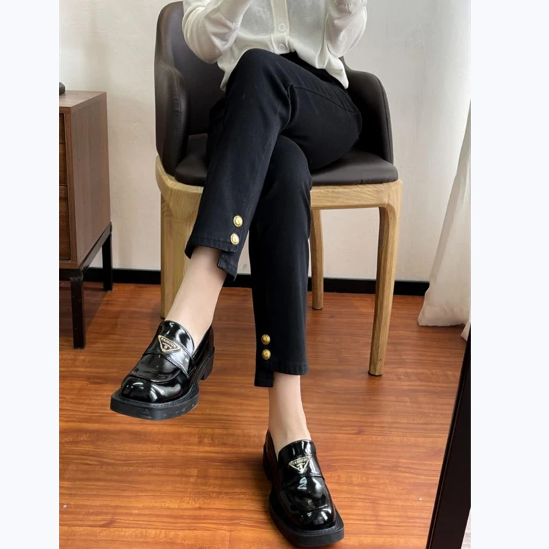 【小沫家】黑色高腰显瘦直筒开叉小个子九分烟管小黑裤女脚口两粒扣