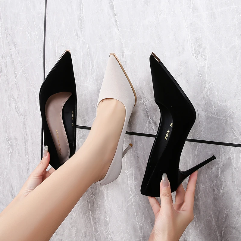 羊皮【9公分~7公分】2024春秋爆款黑色细跟尖头防踢气质百搭高跟鞋