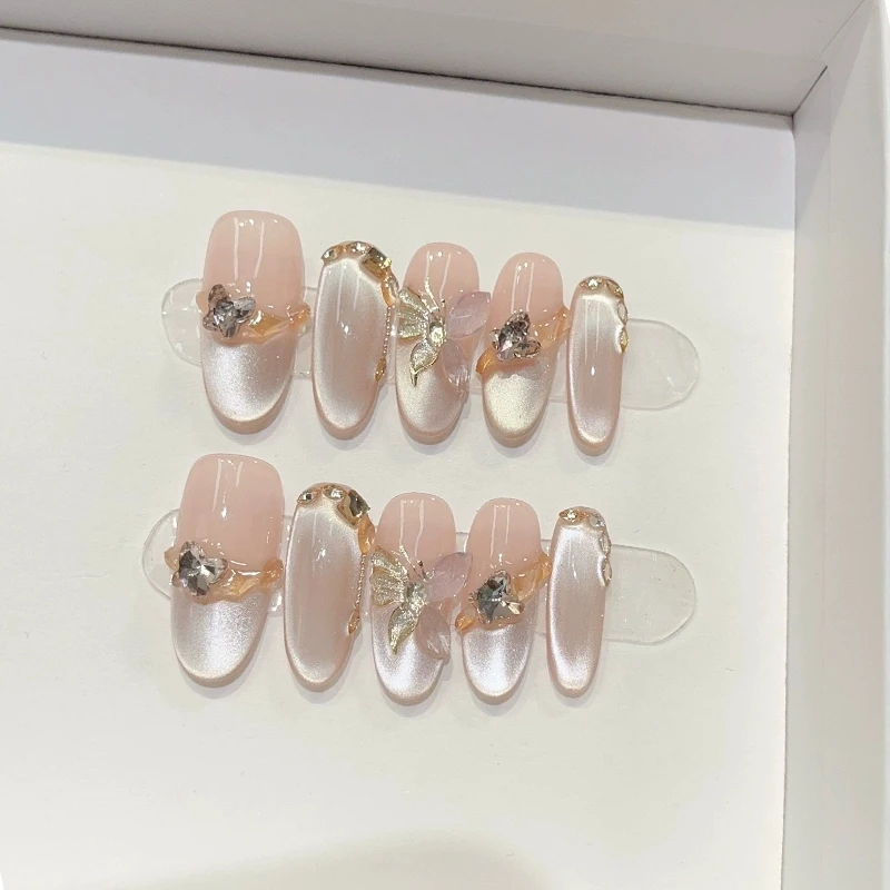 枯叶蝶纯手工穿戴甲气质香槟法式猫眼轻奢高级美甲中长款显白婚甲