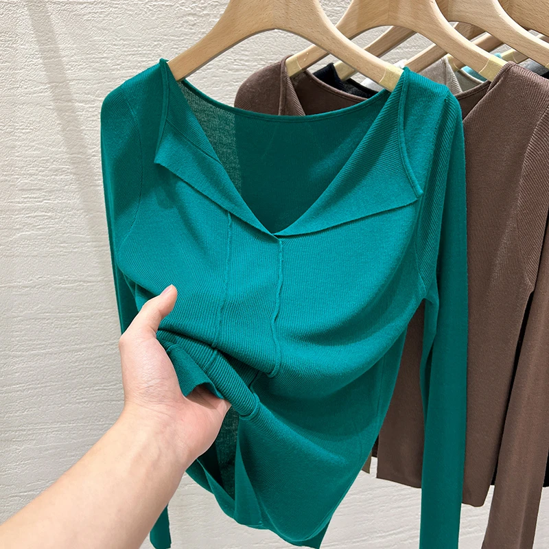 欧货V领长袖薄款打底衫女2023春秋新款翻领T恤内搭设计感针织上衣