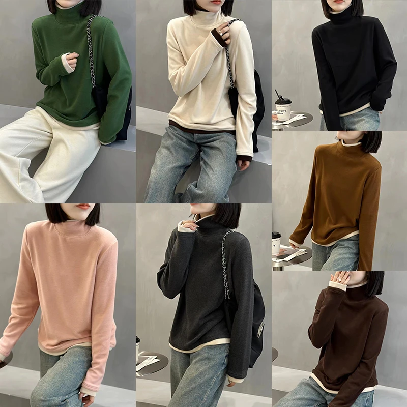 [四季青穿搭]高领假两件双面德绒打底衫女秋冬加绒加厚内搭上衣