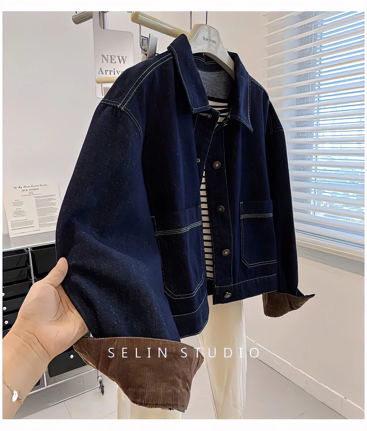 复古深蓝小个子牛仔外套女！秋韩系百搭显瘦短款翻领休闲夹克上衣