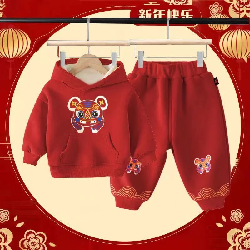 儿童新年衣服套装冬季中国风男女童加绒卫衣过年喜庆拜年服两件套
