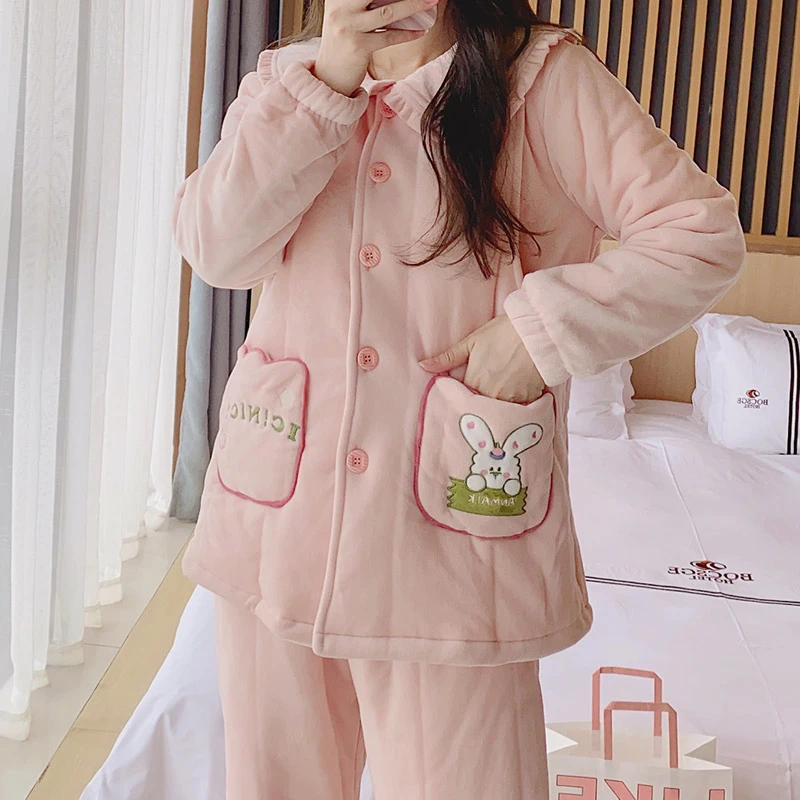 冬季加厚月子服孕期睡衣加绒夹棉三层保暖套装产后喂奶哺乳婴儿绒