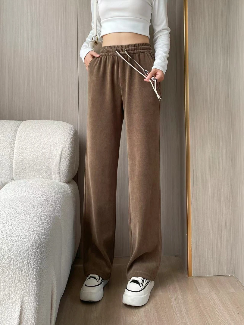 当当家-高腰显瘦休闲百搭抽绳宽松女士垂感直筒裤--2329