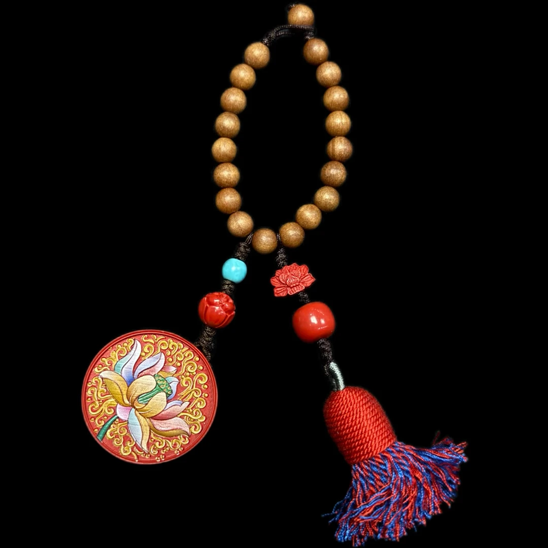 梨缘记 天然辰砂朱砂帝王砂高含量莲花彩绘流苏檀香挂件Z324