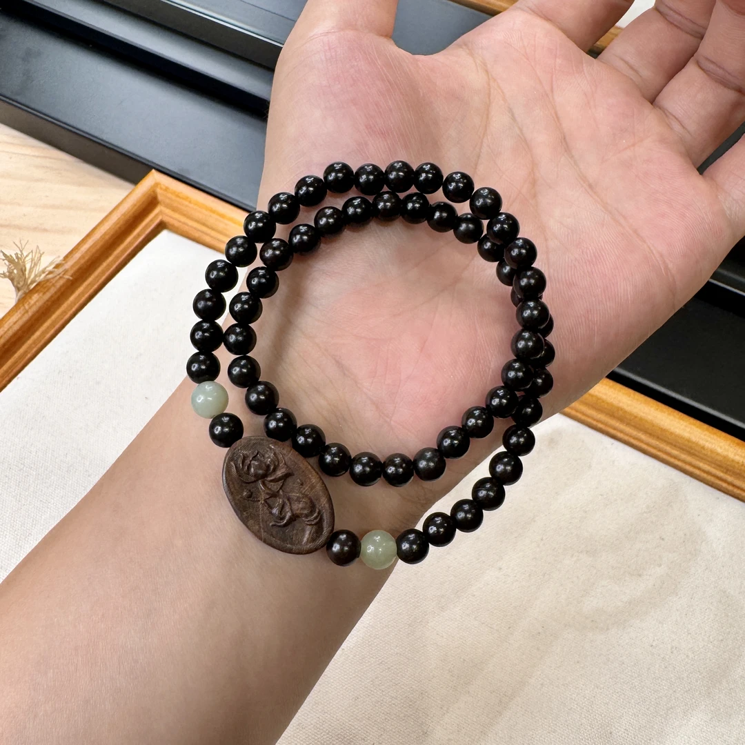 【健康/好运/桃花】黑檀木和田青玉6mm荷花木牌双圈手串文玩国风01Z