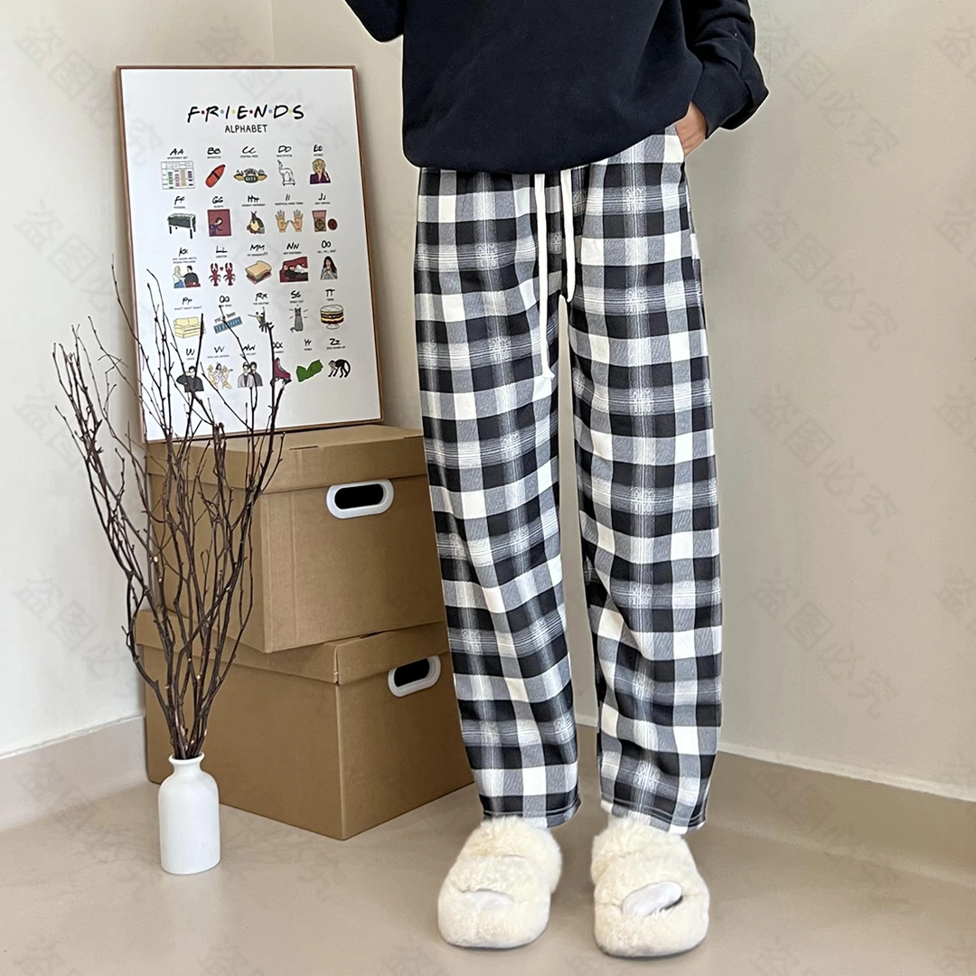新款加绒格子裤女秋冬阔腿格子裤有口袋款百搭休闲裤有腰绳宽松裤