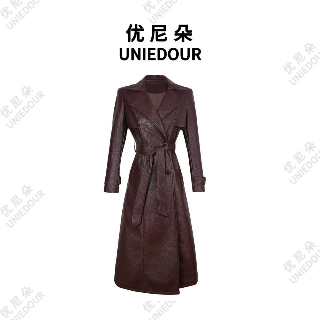 UNIEDOUR/优尼朵欧美款2024年新款冬季高端气质中长款皮风衣1913