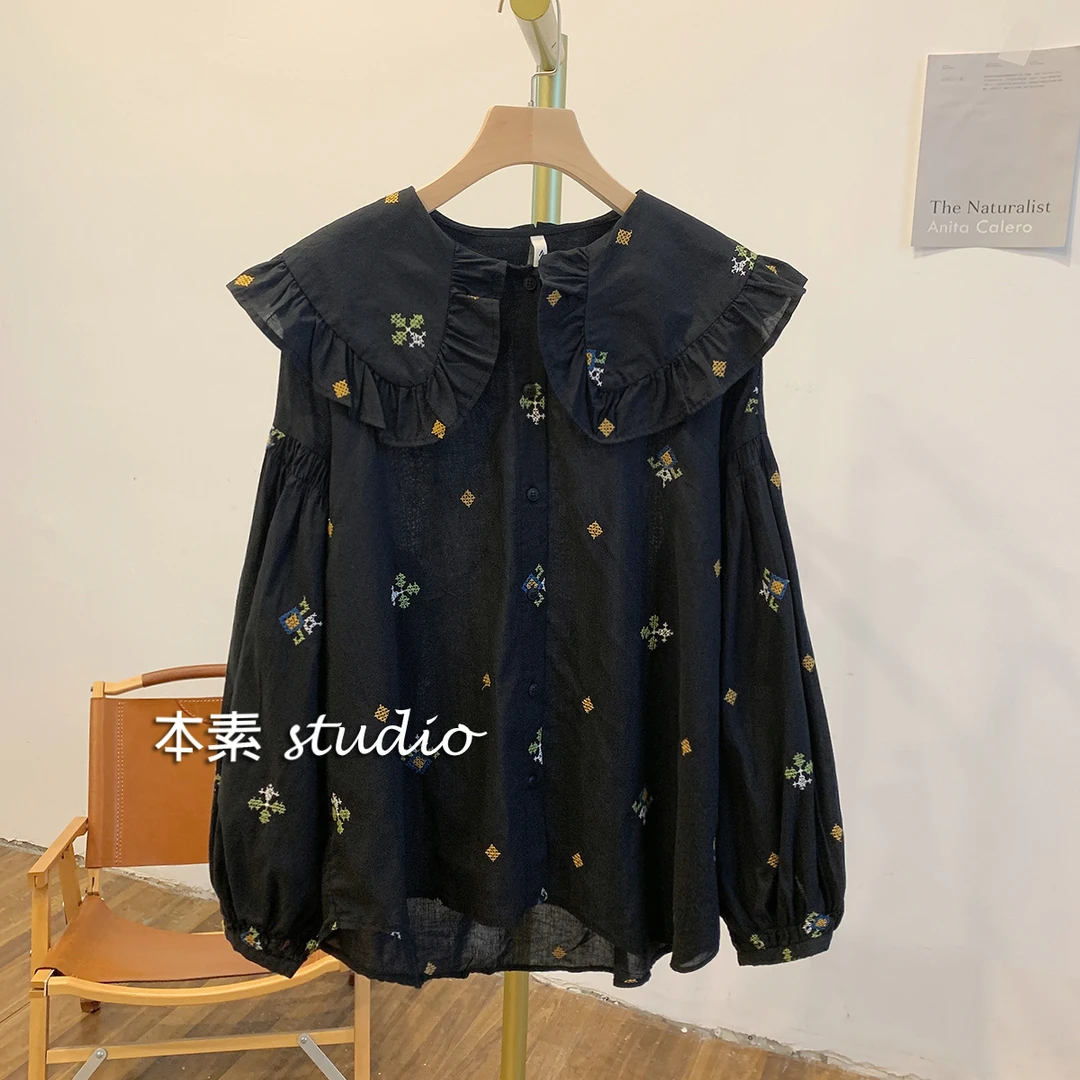 C1971刺绣全开扣娃娃领衬衫