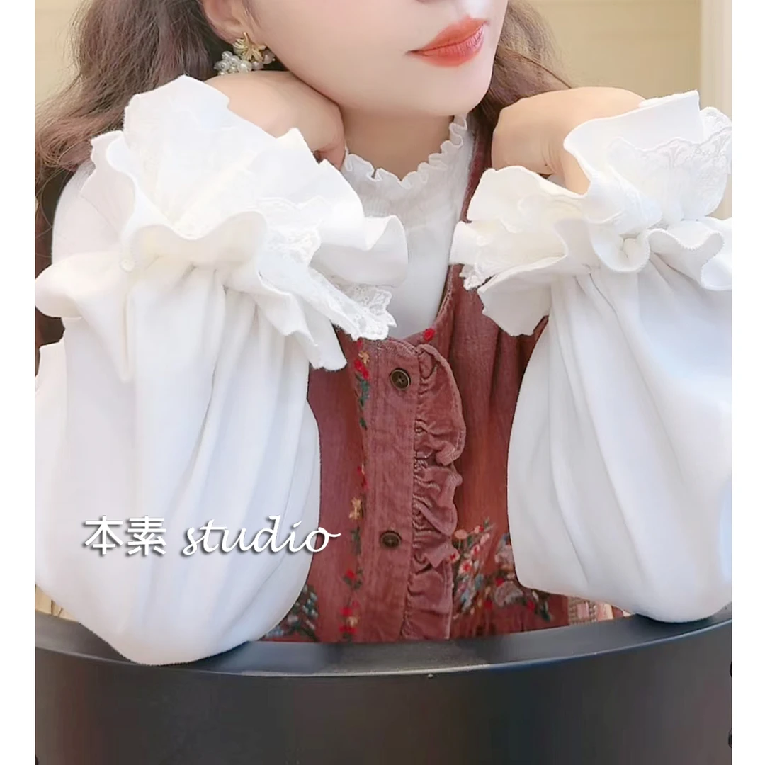 莲花白C2592磨毛德绒木耳边弹力立领打底T恤