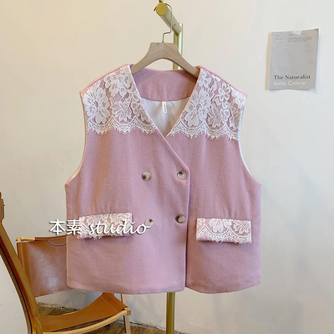 C1418蕾丝贴布双排扣V领毛呢马甲