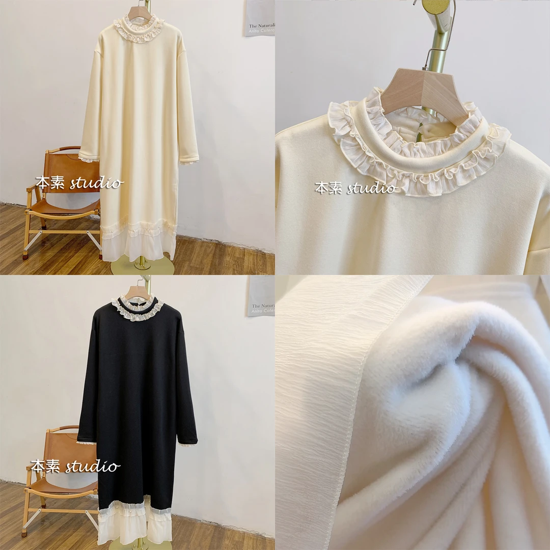 露珠C2807加绒钉珠荷叶边立领连衣裙