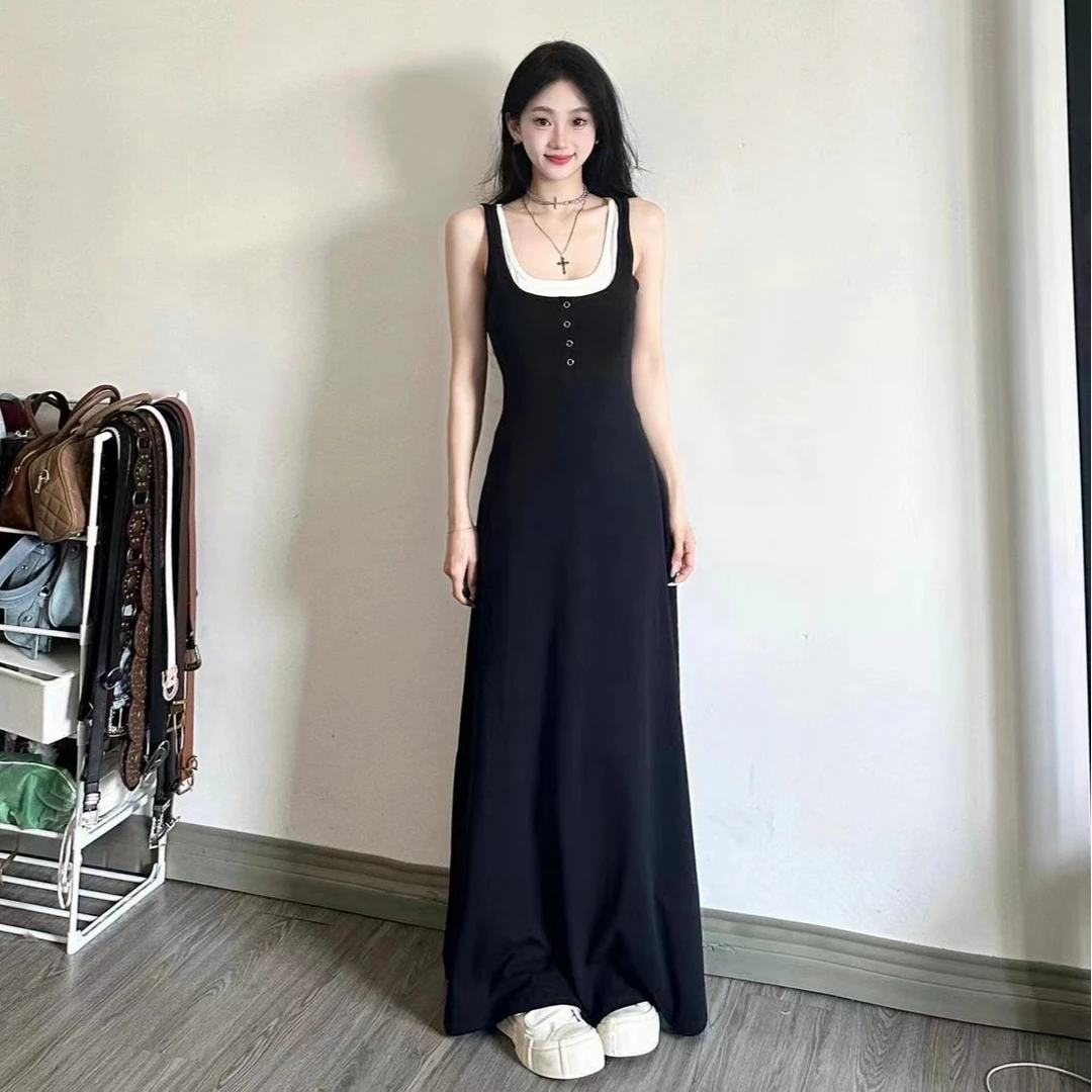黑白撞色假两件背心连衣裙子女夏季小个子高级感收腰显瘦气质长裙
