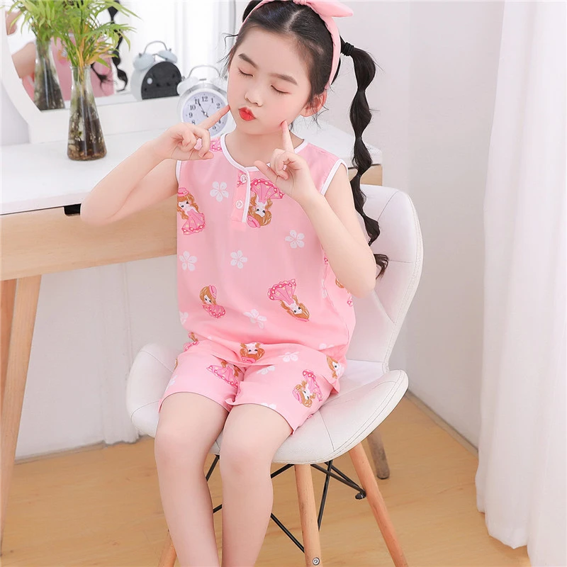 夏季女童绵绸睡衣薄款男童女童棉绸背心短裤套装男孩空调服家居服
