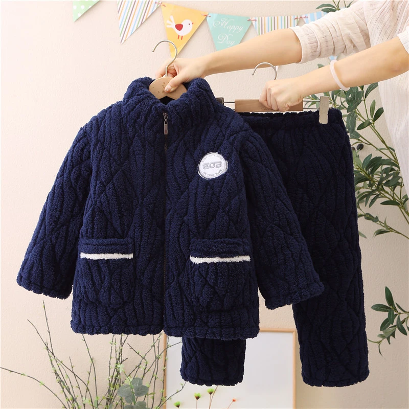 新款男士秋冬季三层夹棉睡衣珊瑚绒加绒加厚法兰绒家居服冬天套装