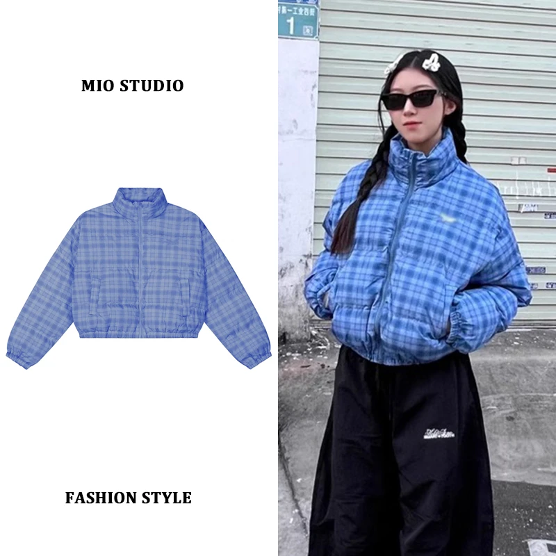 大码美式格子立领保暖棉服女冬季新款加厚百搭短款面包服棉袄外套