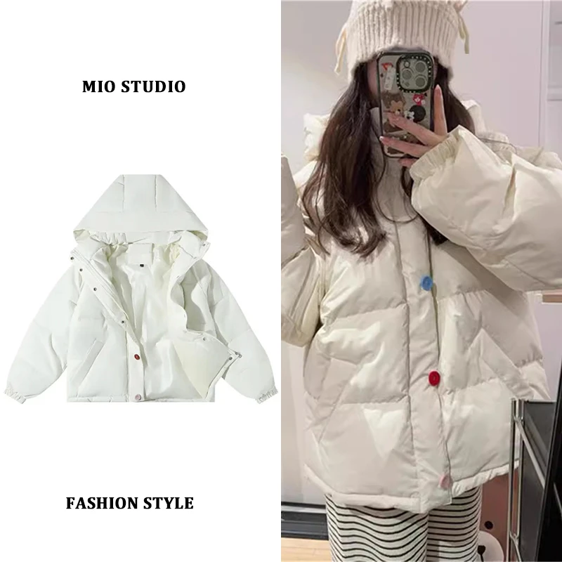 大码米白色连帽棉服外套女2024冬季新款加厚宽松彩色扣面包服棉衣