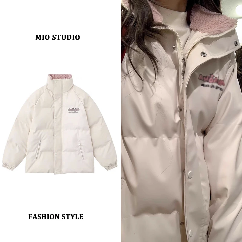 大码胖mm字母印花pu皮棉衣棉服外套女冬季防寒保暖宽松面包服冬天