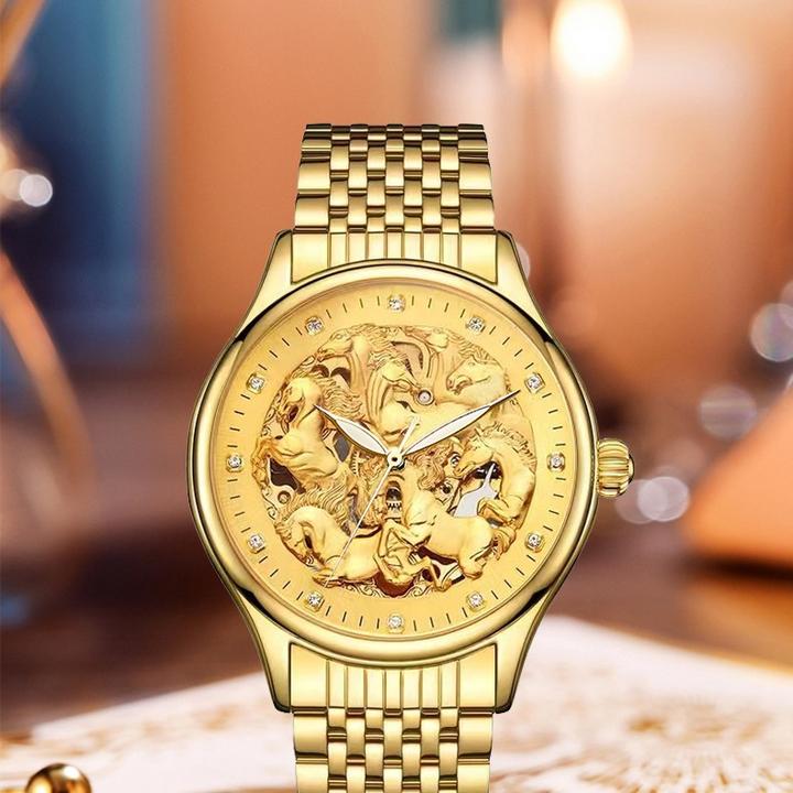 八骏马-时尚奢华高端金色浮雕马王全自动机械腕表-gd
