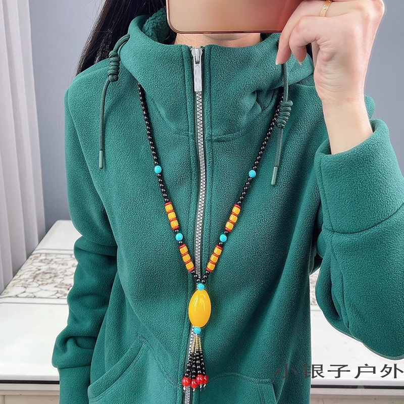22713春秋加绒休闲女户外登山服外套连帽骑行服保暖宽松抓绒卫衣
