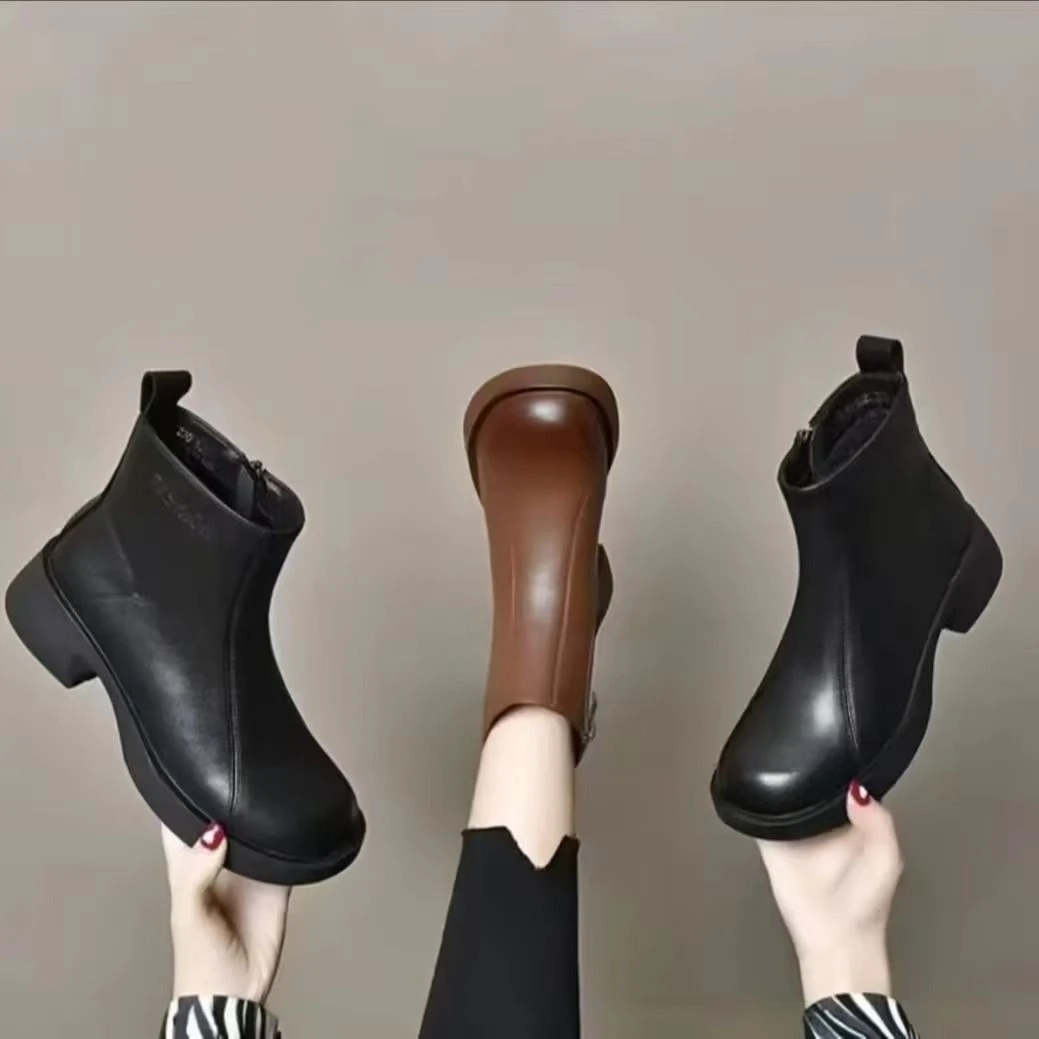 2024真软皮新款圆头马丁靴