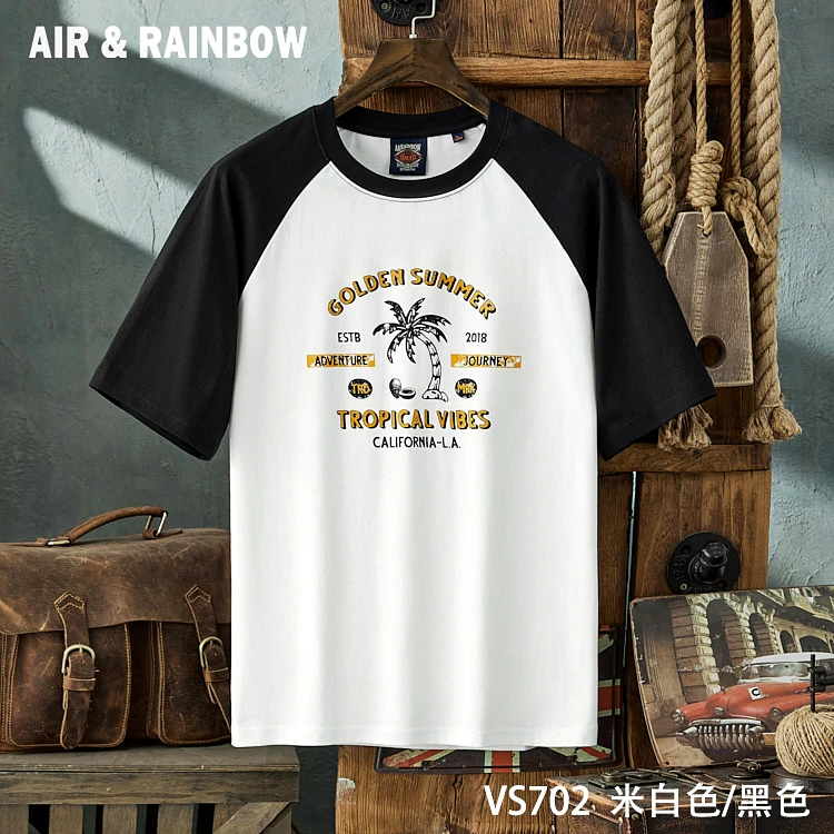 【新维斯棉260克】时尚印花插肩撞色度假风水洗圆领短袖T恤男 VS702