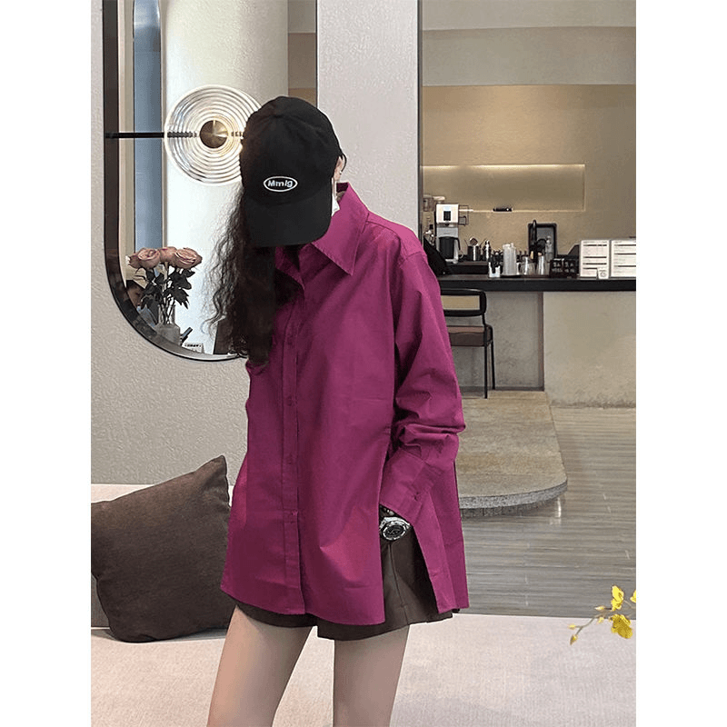 小众设计感开叉衬衫女秋冬新款纯色百搭休闲韩版打底叠穿上衣时尚
