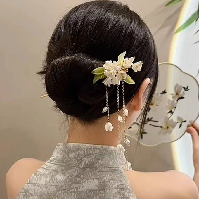 玉兰花流苏发簪新中式发簪盘头发古风发饰流苏发簪旗袍发钗步配饰