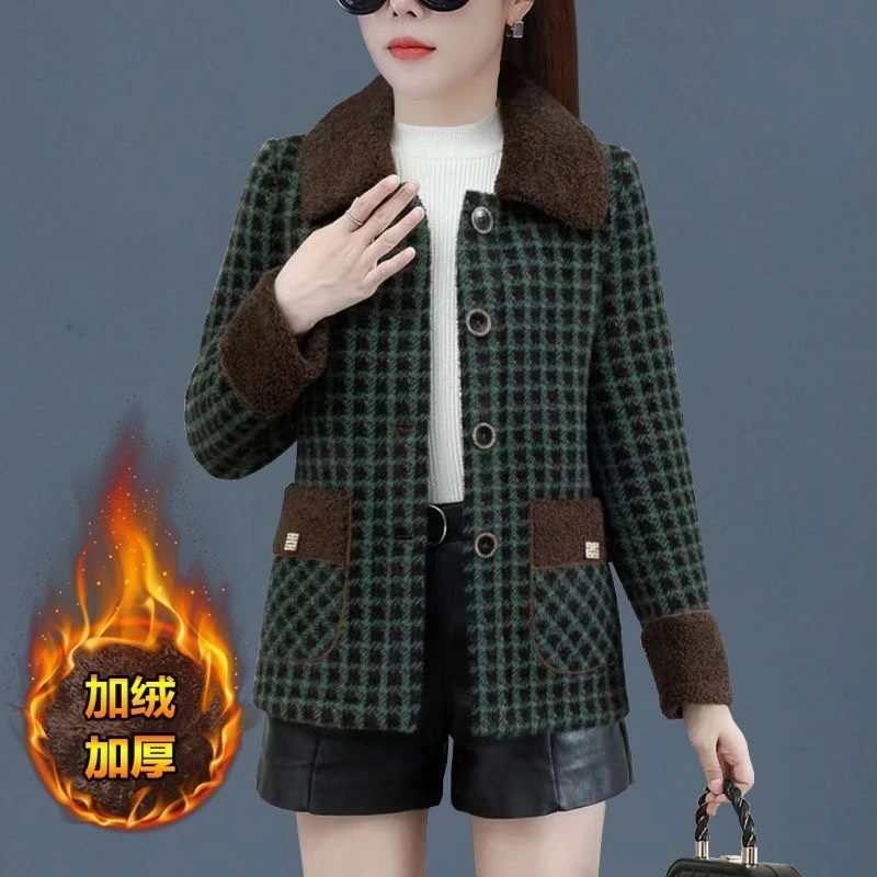2025格子冬季中年新款加绒加厚时尚洋气双面绒女外套短款保暖超厚