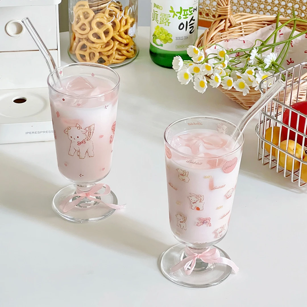 可爱羊咩咩透明玻璃杯子设计感小众家用喝水杯女高颜值高脚果汁杯