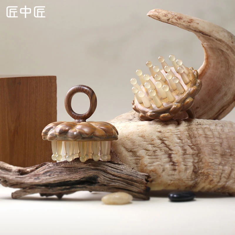匠中匠头部按摩梳子荷花按摩梳绿檀木梳粗齿头皮经络梳羊角梳