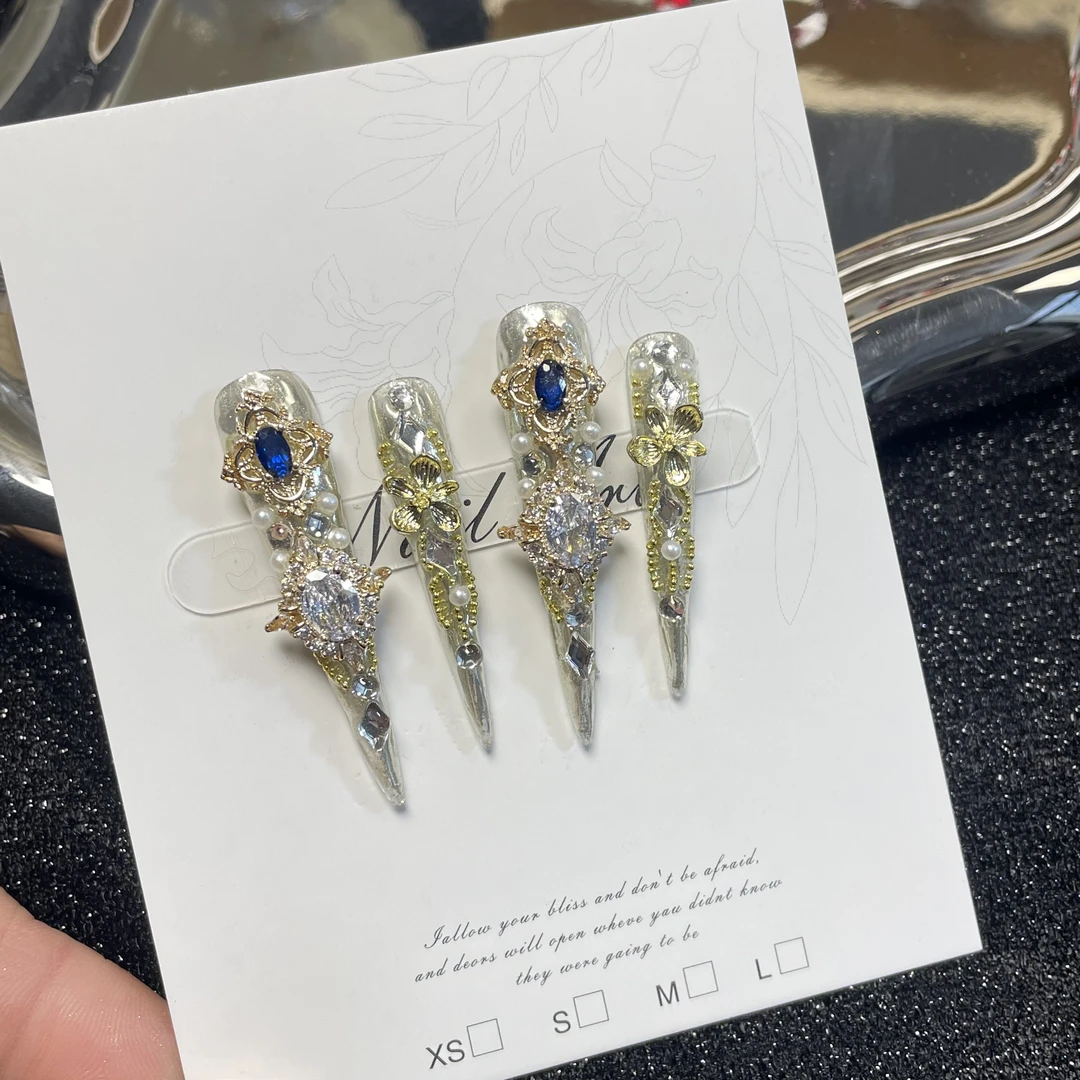 嬛嬛护甲手工穿戴甲古典日常长款美甲ins轻奢爆闪锆石轻奢可拆卸