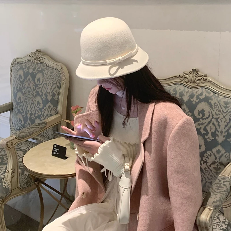 秋冬韩版百搭优雅圆顶小礼帽女时尚街头毛呢渔夫帽英伦复古毡帽