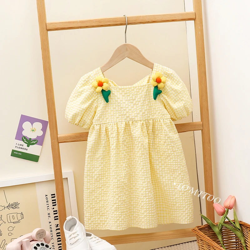 【直播专属】2024新款女童时尚连衣裙小黄花格子连衣裙9908