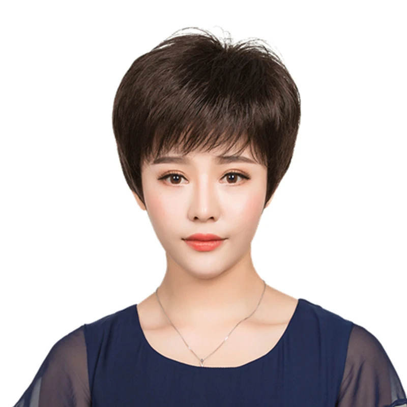 中老年假发黑色短发全真人发50岁妈妈化疗光头真发假发套自然透气