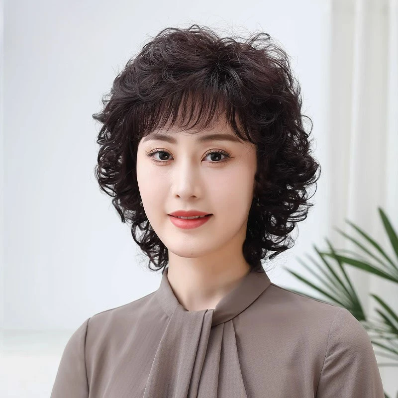 假发全头套女短卷发真发全真人发自然真人发假发中老年妈妈中长卷